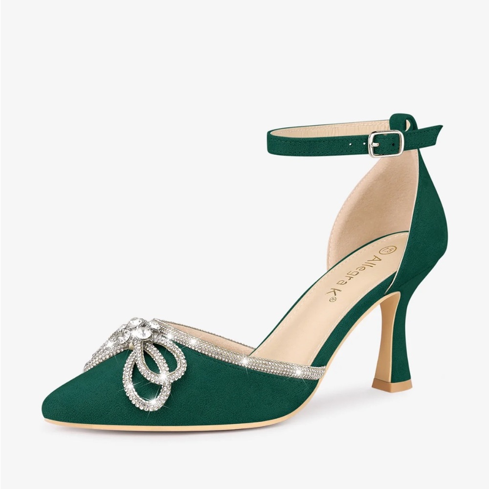 Allegra K Green Rhinestone Embellished Ankle Strap Heels